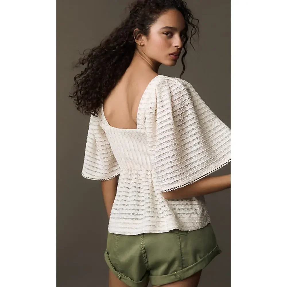 NWT $78 Anthropologie Sarah Hann Cream Flutter-Sleeve Crochet Top